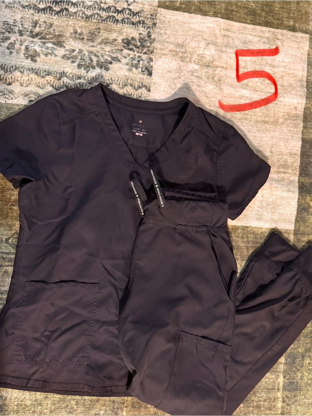 Black Scrub Set - V-Neck Top & Drawstring Pants